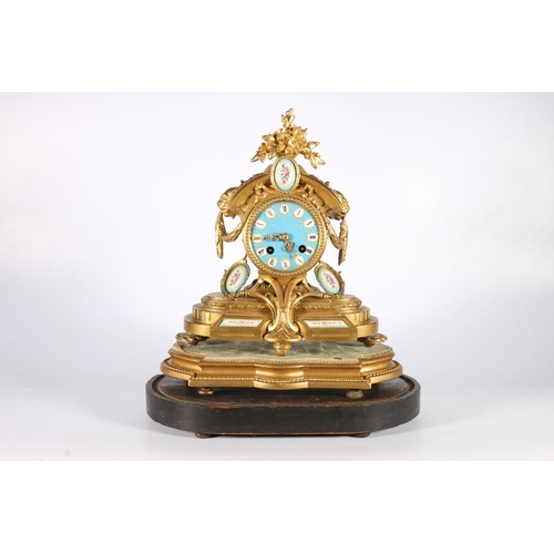 388 - French gilt metal clock with star studded enamel dial, and floral plaques, on gilt wood base and ano... 