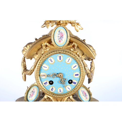 388 - French gilt metal clock with star studded enamel dial, and floral plaques, on gilt wood base and ano... 