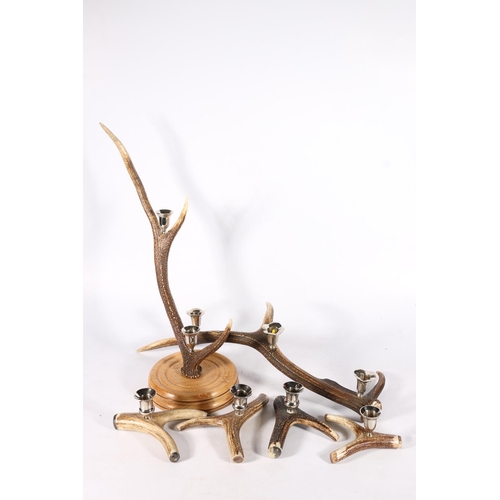 403 - Antlers with polished metal candle holders, to include a candelabra, 51cm, a centrepiece, and four i... 