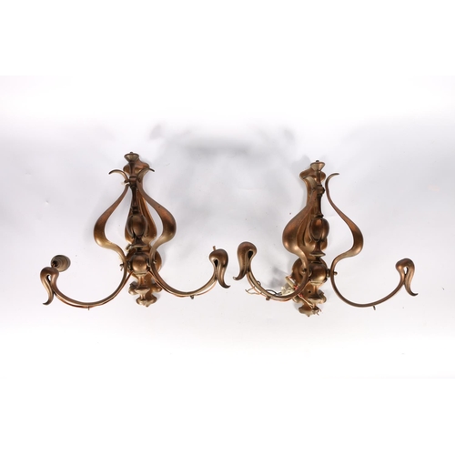 416 - Pair of Art Nouveau copper wall lights, with twin branches, 30cm.