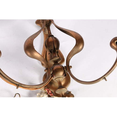 416 - Pair of Art Nouveau copper wall lights, with twin branches, 30cm.