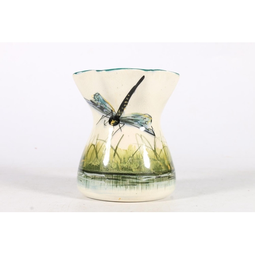 484 - Wemyss pottery vase painted with dragonfly design with crimped rim, painted green 'Wemyss' mark to t... 