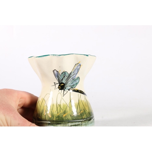 484 - Wemyss pottery vase painted with dragonfly design with crimped rim, painted green 'Wemyss' mark to t... 