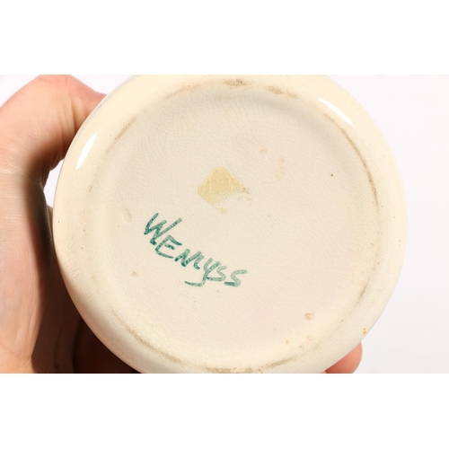 484 - Wemyss pottery vase painted with dragonfly design with crimped rim, painted green 'Wemyss' mark to t... 