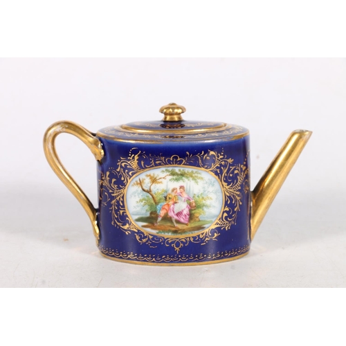 498 - Miniature Royal Vienna porcelain tea pot, the blue ground decorated with classical scene vignette an... 