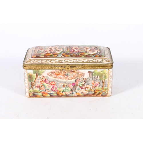 513 - Capodimonte hinged box circa1800 depicting classical scenes to top and sides, 7 x 14 x 8 cm.