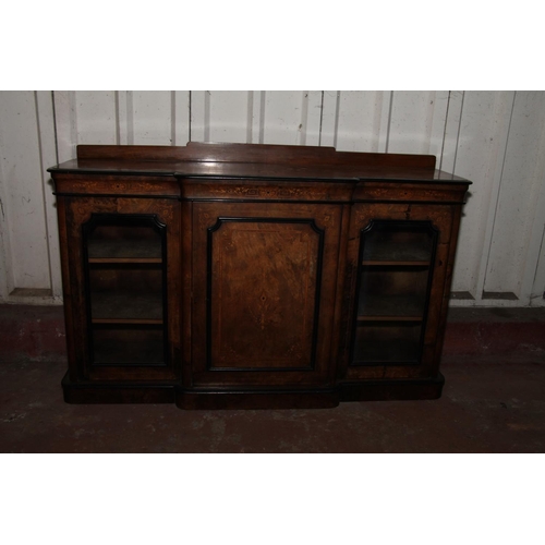 650 - Victorian burr walnut credenza, with ledge back over inlaid inverted break front top, with cupboard ... 