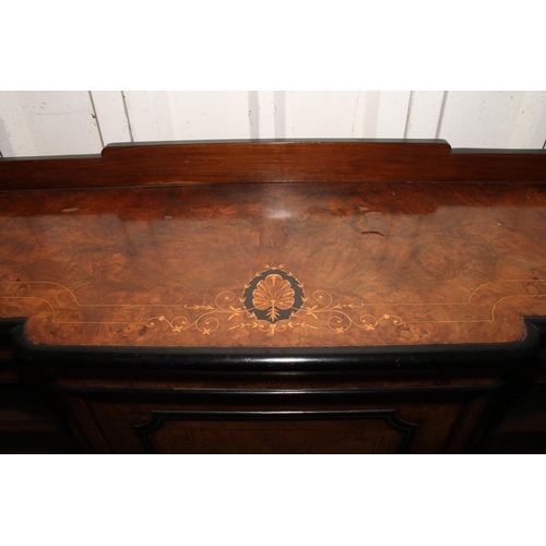 650 - Victorian burr walnut credenza, with ledge back over inlaid inverted break front top, with cupboard ... 