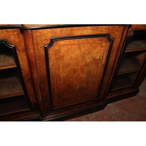 650 - Victorian burr walnut credenza, with ledge back over inlaid inverted break front top, with cupboard ... 