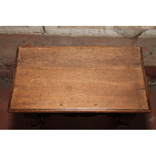 674 - Oak joint stool, the rectangular top with moulded edges, over moulded frieze and shaped apron, raise... 