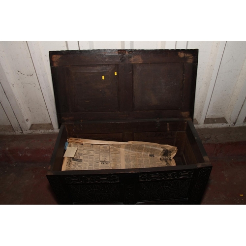 683 - 17th/18th century coffer, with intricately foliate carved top, front and sides, 57 x 94 x 50cm.