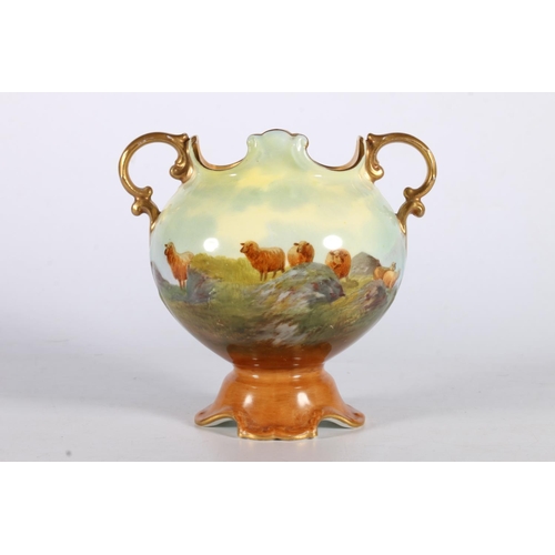 490 - Royal Doulton bulbous vase with twin handles to side depicting sheep on rocky landscape, 14cm.