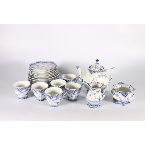 494 - Early 20th century Royal Copenhagen fluted full and half lace tea set with teapot, 16cm, six cups an... 