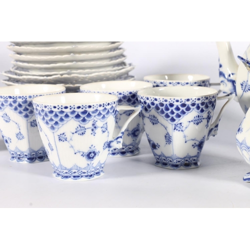 494 - Early 20th century Royal Copenhagen fluted full and half lace tea set with teapot, 16cm, six cups an... 