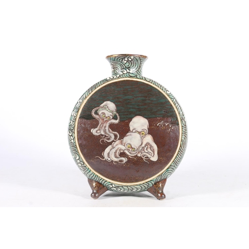 552 - Japanese pottery moon flask decorated on one side with an octopus tightening bandana and two octopus... 