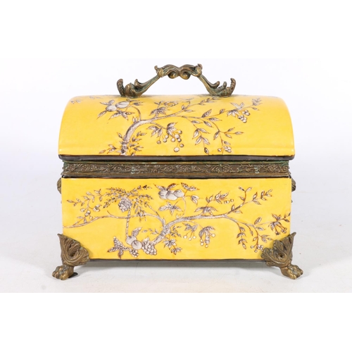 554 - Chinese pottery dome topped yellow ground casket and cover with metal mounts, red Wong Lee backstamp... 