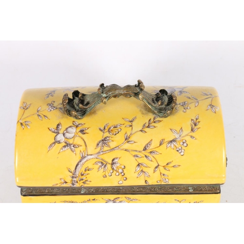 554 - Chinese pottery dome topped yellow ground casket and cover with metal mounts, red Wong Lee backstamp... 