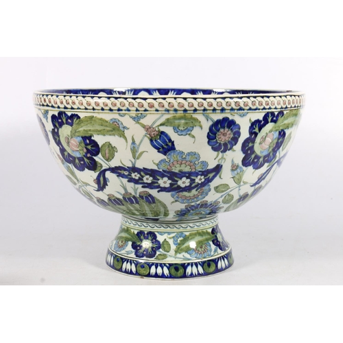 556 - Large Italian Cantagalli Iznik palate pottery footed bowl decorated with painted blue floral designs... 
