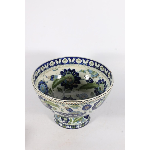 556 - Large Italian Cantagalli Iznik palate pottery footed bowl decorated with painted blue floral designs... 