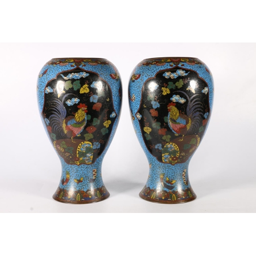 564 - Pair of Chinese baluster shaped cloisonné vases, both with cockerel and floral panels, lacking lids,... 