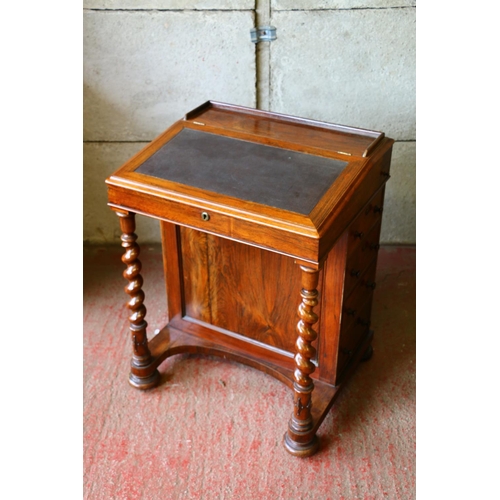 709 - 19th century mahogany Davenport, with satinwood interior, raised on barley twist supports and bun fe... 