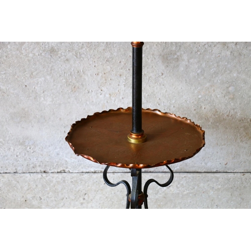 696 - Late 19th/early 20th century converted standard lamp and table, with circular brass tabletop, with p... 