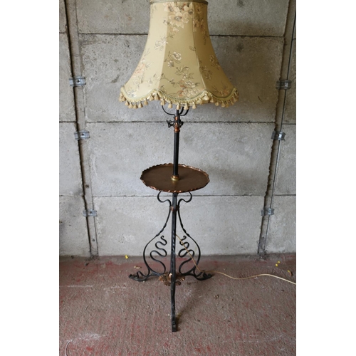 696 - Late 19th/early 20th century converted standard lamp and table, with circular brass tabletop, with p... 