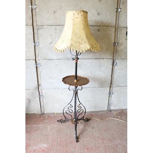 696 - Late 19th/early 20th century converted standard lamp and table, with circular brass tabletop, with p... 