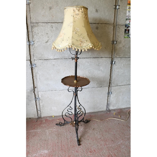 696 - Late 19th/early 20th century converted standard lamp and table, with circular brass tabletop, with p... 