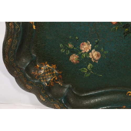 640A - 19th c. papier-mâché tray in green and hand painted in gold gilt, 63 x 87cm.