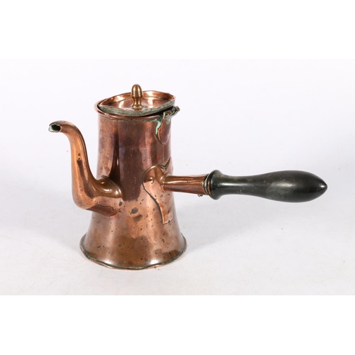 645A - George III copper chocolate pot with cover, the tapered and waisted body with heart shape attachment... 