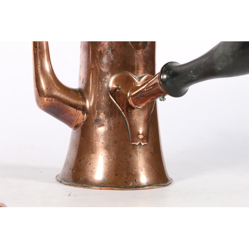 645A - George III copper chocolate pot with cover, the tapered and waisted body with heart shape attachment... 