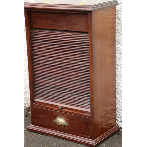 608 - Early 20th century mahogany tabletop or apprentice tambour fronted cabinet, the tambour front opens ... 