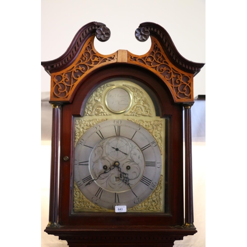 643 - Antique mahogany cased longcase 'Grandfather' clock, the silvered dial with Roman and Arabic numeral... 