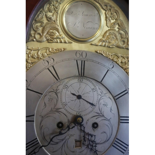 643 - Antique mahogany cased longcase 'Grandfather' clock, the silvered dial with Roman and Arabic numeral... 