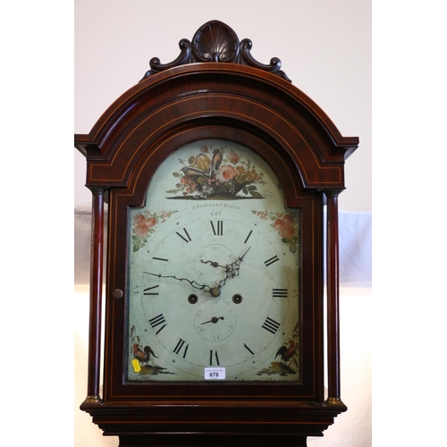 678 - 19th century longcase grandfather clock, with shell and c-scroll surmount, on domed top, painted fol... 