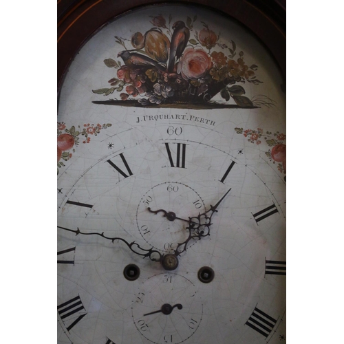 678 - 19th century longcase grandfather clock, with shell and c-scroll surmount, on domed top, painted fol... 