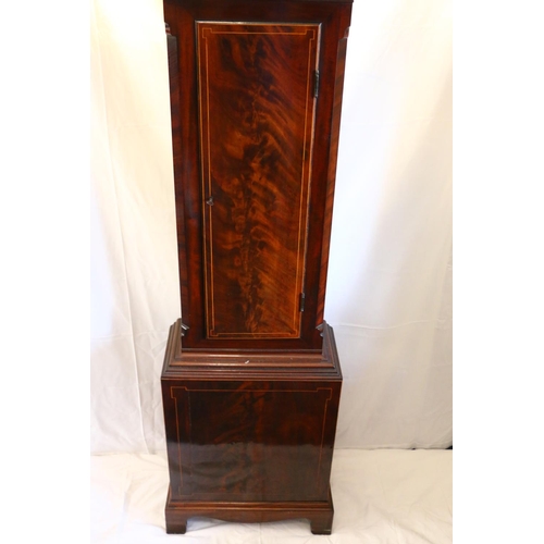 678 - 19th century longcase grandfather clock, with shell and c-scroll surmount, on domed top, painted fol... 