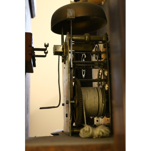 678 - 19th century longcase grandfather clock, with shell and c-scroll surmount, on domed top, painted fol... 