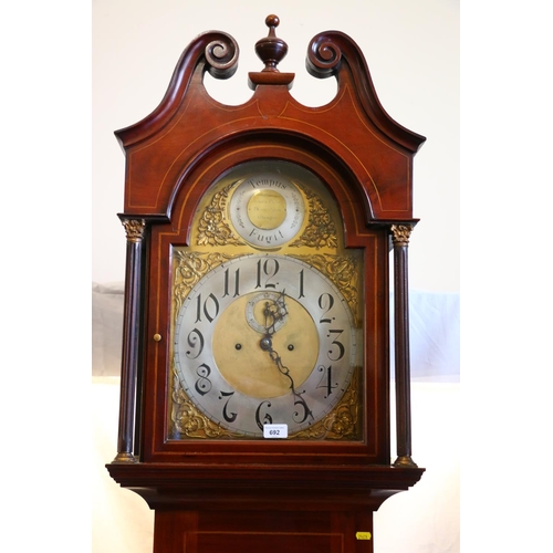 692 - 19th century mahogany longcase grandfather clock, with swan neck pediment over brass dial, inscribed... 