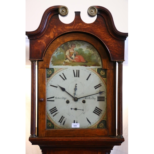 693 - 19th century oak longcase grandfather clock, with swan neck pediment and brass roundels over painted... 