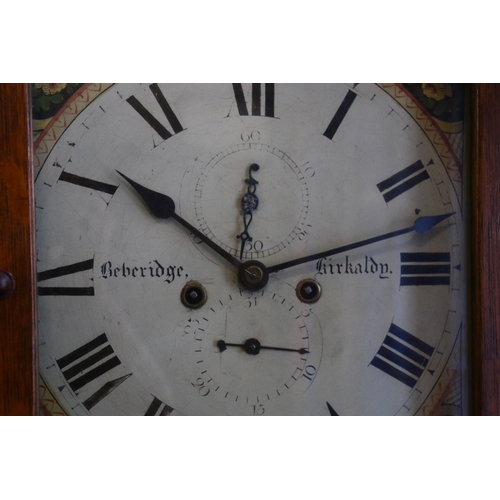 693 - 19th century oak longcase grandfather clock, with swan neck pediment and brass roundels over painted... 