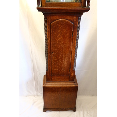 693 - 19th century oak longcase grandfather clock, with swan neck pediment and brass roundels over painted... 