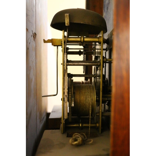 693 - 19th century oak longcase grandfather clock, with swan neck pediment and brass roundels over painted... 