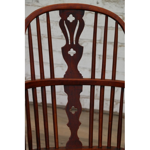 732 - 19th century splat back Windsor chair, with elm seat, raised on turned supports united by curved str... 