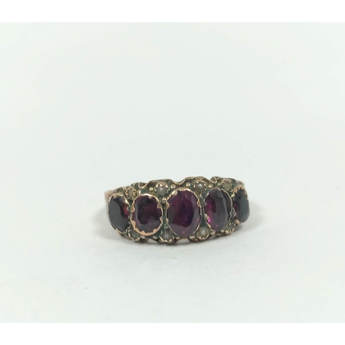 41 - Garnet five stone ring, and another with pearls, possibly gold.  (2)