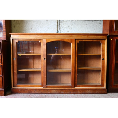 698 - Mahogany three-door sliding door bookcase raised on plinth. 