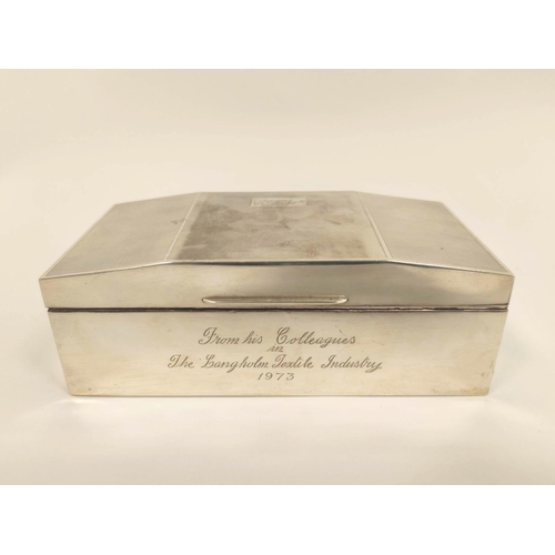 1 - Silver cigarette box with angled engine turned cover, inscribed, 16.5cm x 8.5cm.