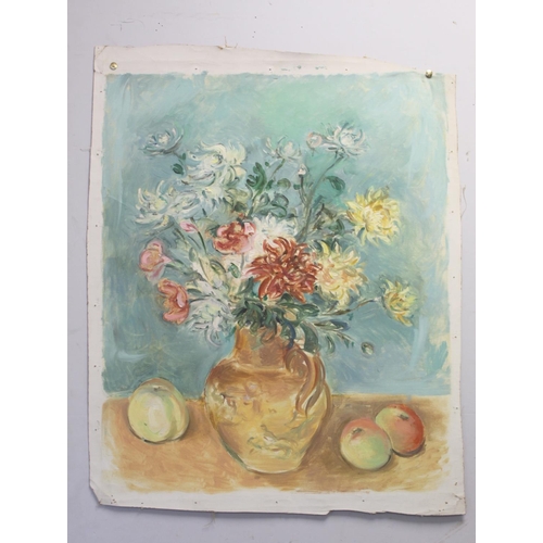 227 - Stella Steyn (Irish 1907-1987)Still life of chrysanthemums in a jug with fruitOil on canvas, unstret... 