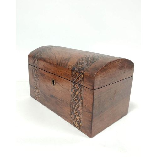 154 - Victorian walnut marquetry domed tea caddy, 15cm x 25cm x 14cm, with a Victorian rosewood sewing box... 